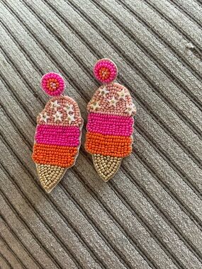 Beaded Ice Cream Cone Drop Earrings - Pink, Orange, Gold